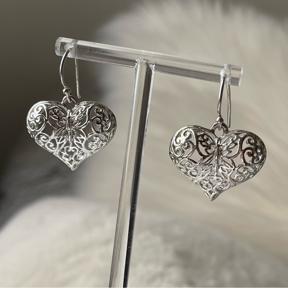 ATI BR TH | Silver Plated Heart Hollow Filigree Style Drop Wire Ear Hoops - Picture 9 of 10